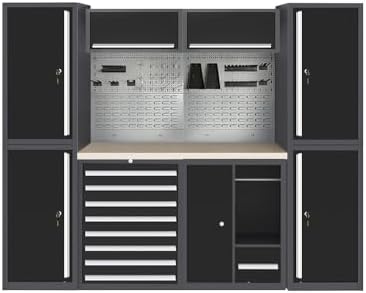 JZD Garage Organizer Set: Steel Tool Cabinet, Overhead Storage & Wood Work Surface, Free Standing for Mechanical Shop Home Repair by JZD