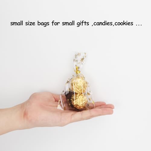 100 Pcs Star Printed 3"X 5"（7.5X12.7cm) Gift Wrap Cello Cellophane Treat Bags Party Favor bags Clear Candy Cookie Bags Plastic Poly Goodie Storage Bags with Twist Ties for Bakery,Birthday, Wedding ,Party Decorations (Gold) - Image 3