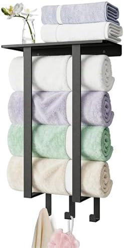 Roll Towel Racks for Bathroom, Bethom Small Wall Shelf with Hooks, Black by Bethom