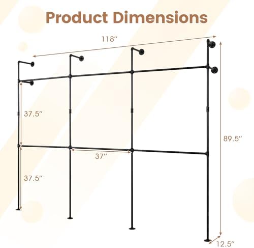 Giantex Industrial Pipe Clothing Rack, 118" Wall Mounted Heavy-Duty Metal Garment Organizer with 6 Hanging Rods, 2-Tier Walk-in Closet System for Wardrobe Closet, Retail Display - Image 4