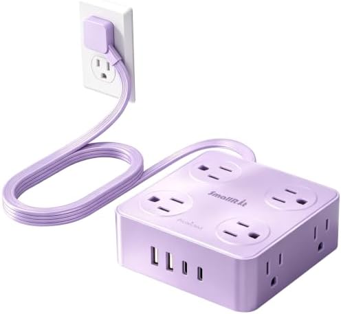 Extension Cord with Multiple Outlets, SMALLRT Flat Plug Power Strip, 6.5FT Power Strips with USB Ports, 8 Outlets, Outlets Extender for Home Office, Purple by SMALLRT