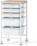 Giantex Rolling Storage Cart with 5 Drawers, Utility Cart w/Wooden Tabletop, Lockable Wheels, Multipurpose Organizer for Art Craft Books Paper, Drawer Carts for Dorm Classroom Office, White by Giantex