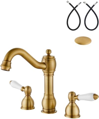 Aolemi Widespread Bathroom Sink Faucet 3 Hole White Lever Antique Brass by Aolemi