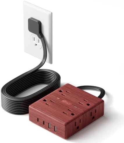 SUPERDANNY Brown Extension Cord 10Ft, Flat Plug Power Strip Surge Protector by SUPERDANNY