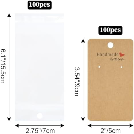 joycraft 100Pcs Earring Display Cards with Bags, 2x3.5 inch Earring Display Holder Cards, Brown Handmade with Love Earring Tags for Selling, Hanging Earring, DIY Jewelry Crafts, Retail - Image 2