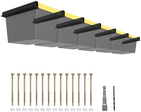 7 Pack Overhead Garage Storage Rack, Heavy Duty Ceiling Storage Rack for 6 Bins, Adjustable Metal Ceiling Bin Storage System T-Rail Tote Organizer with Hardware for Garage Workshop Shed by Unknown