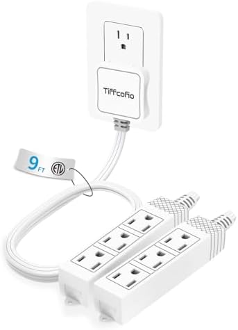 TiFFCOFiO 3 Prong Flat Plug Outlet Strip, 18 Feet Extension Cord, 9 FT on Each Side, 3 Grounded Outlets with Mounting Holes, 13A/1625W, 16 AWG (Twin Outlets, 9FT) by TiFFCOFiO