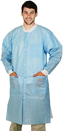 EZGOODZ Disposable Lab Coats for Adults, 2X-Large Sky Blue, 45 GSM Polypropylene, Unisex Lab Coat with Snap Front, Knit Cuffs and Collar, 3 Pockets, Pack of 50 by EZGOODZ