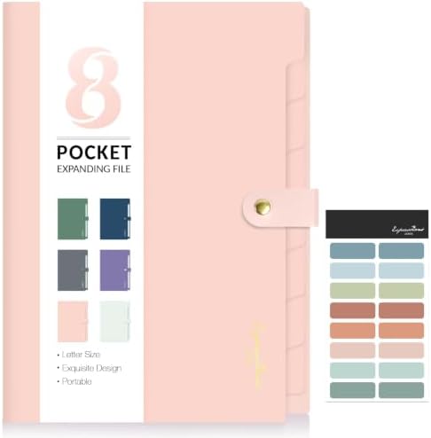 Sooez Elegant Accordion File Organizer with Labels, 8 Pocket Expanding File Folder, Portable Folders for Documents, Cute Paper Organizer for School Office Supplies, Letter Size, Pink by Sooez