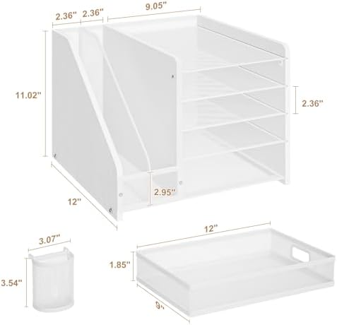 Marbrasse Desk Organizer with File Holder, 5-Tier Paper Letter Tray Organizer with Drawer and 2 Pen Holder, Mesh Desktop Organizer and Storage with Magazine Holder for Office Supplies (Wood-White) - Image 5
