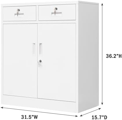 Wanfu Metal Storage Cabinet, Locking Storage Cabinet with Adjustable Shelf, 36" H Metal Cabinets with 2 Drawers for Office, Garage, Home-White - Image 3