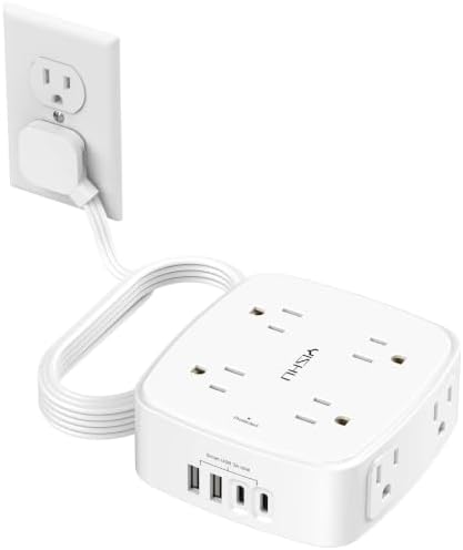 10 Ft Surge Protector Power Strip - YISHU 8 Widely Outlets with 4 USB Ports, 3 Side Outlet Extender with 10 Feet Flat Extension Cord, Ultra Flat Plug, Wall Mount, Desk USB Charging Station, ETL, White by YISHU