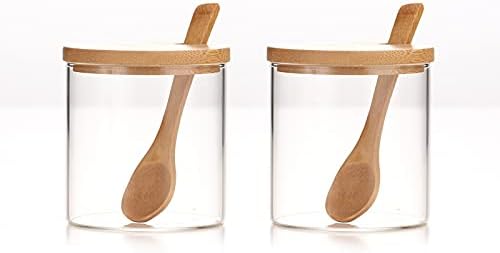300ML/10Oz Clear Glass Jar with Bamboo Lid and Wooden Spoon, Cute Sugar Bowl Bath Salt Storage Canister Seasoning Container Condiment Pot with Scoop for Spice, Pepper for Kitchen, Table, Countertop by MOLADRI