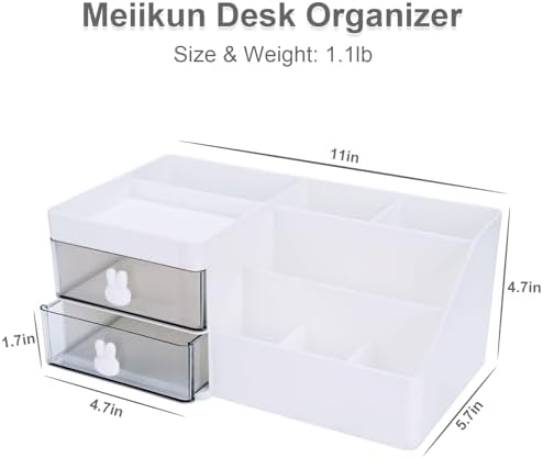 Meiikun Desk Organizer, Makeup Organizer with 2 Drawer, 7 Compartment & a Top Tray, Desktop Organizers and Storage for Women, Cute Home organization Bathroom, 11" x 5.7" x 4.7" (White) - Image 2