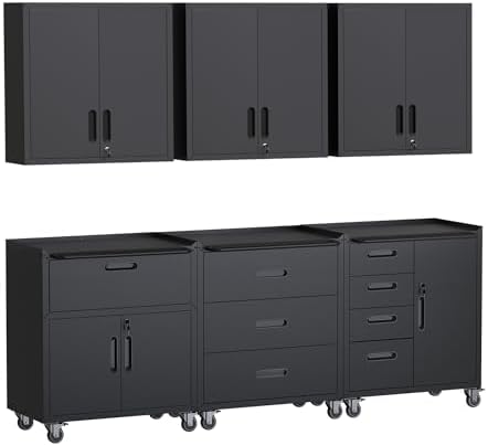 Black Garage Storage Cabinets System 6 PCS Workshop Set with Drawers Locking Heavy Duty Rolling Cart with Adjustable Shelves Garage Tool Workbench Cabinets,6pcs-3 by FLIXELIO