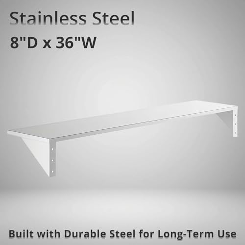 8" x 36" Heavy Duty Stainless Steel Floating Wall Mounted Shelf, Commercial Kitchen Storage Shelf - Image 2