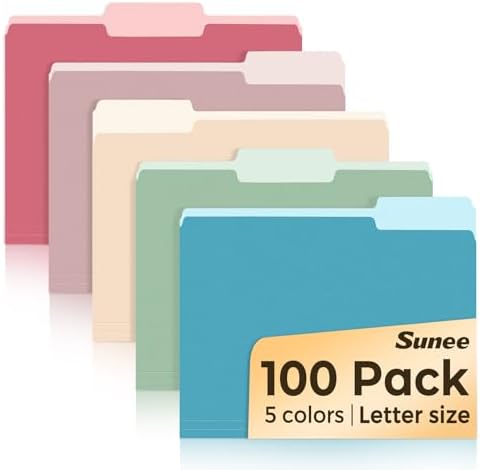 SUNEE File Folders Letter Size Retro Colors, 100 Pack Folders for Documents 1/3-Cut Tabs, Colored File Folders Office Home School for Documents Files Paper by SUNEE