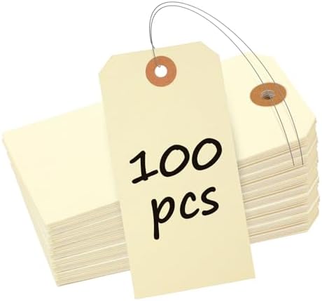 Uniclife 100 Pcs Manila Tags Blank Shipping Tag with Wire Attached 4.7 Inch Paper Hang Tag with Reinforced Eyelet Large Marking Writable Price Tags Inventory Label, 4.7" x 2 3/8" by UnicLife