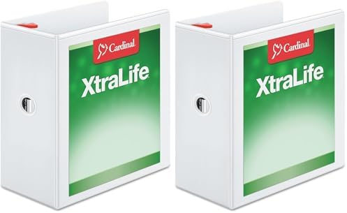 Cardinal 3 Ring Binder, 5 Inch Heavy Duty XtraLife Binder, Locking Slant-D Rings, Crack-Resistant Cover & Spine, ClearVue Covers with Shelf Pull, Holds 1,100 Sheets, White (26350) (Pack of 2) by TOPSProducts