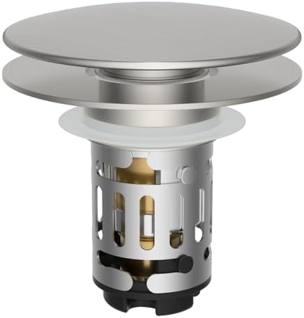 Hibbent Upgraded 3 in 1 Bathroom Sink Drain Strainer, Pop Up Sink Stopper with Big Push Cap, Anti-Clogging Metal Filter Basket,Sink Plug with Hair Catcher for 1.1''~2.36'' Basin, Brushed Nickel by Hibbent