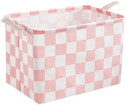 Ohocut Pink White Checkered Canvas Basket, Rectangular Organizing Decorative Storage Basket for Kids Dog Toy, Cute Aesthetic Race Cars Boy Room Decor for Home, Kitchen, Bedroom, Classroom, Shelves by Ohocut