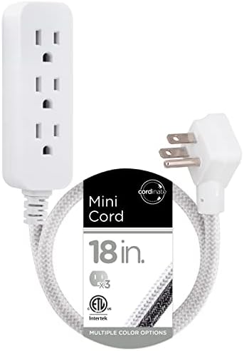 Cordinate Mini 3-Outlet Power Strip, 18 in Braided Extension Cord by Cordinate