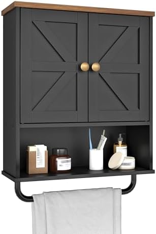 CHOEZON Bathroom Wall Cabinet, Medicine Cabinet with Open Partition and Towel Bar, Rustic Storage Cabinet with Open and Hidden Storage Space, for Bathroom, Living Room, Kitchen, Black and Walnut by Choezon