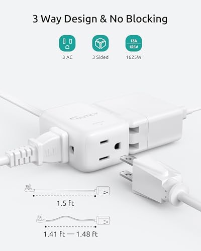 1.5FT Short Extension Cord, 3 Prong Right Angled Plug with 3 Outlets, White - Image 2
