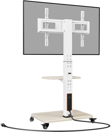 Perlegear Mobile TV Stand with Power Outlet, Tilt & Swivel Rolling TV Cart for 32-75 inches TVs up to 110 lbs, Height Adjustable Rolling TV Stand White with Wheels, Max VESA 600x400mm, PGTVMC17W by Perlegear