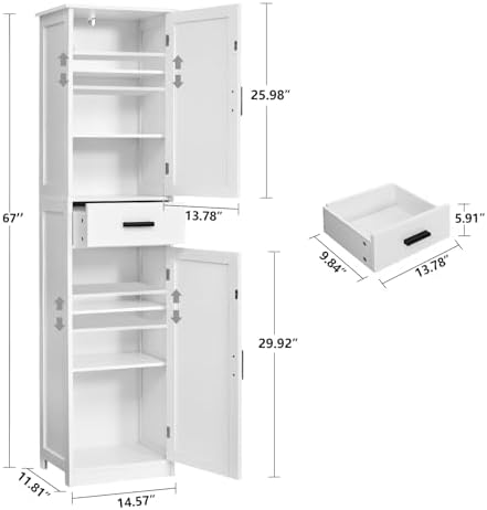 usikey 67'' Tall Bathroom Cabinet, Storage Cabinet with 4 Shelves & 2 Doors, Narrow Storage Cabinets for Bathroom, Living Room, Home Office, White - Image 3
