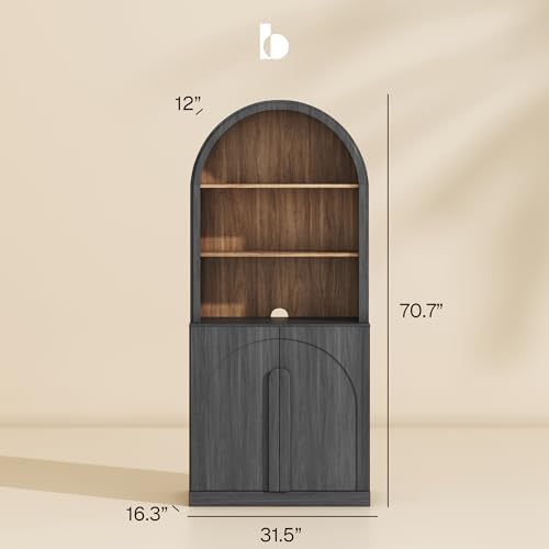 BELLEZE Arched Bookshelf with Storage Set of 2, 71" Tall Wood Curio Display Cabinet with Adjustable Shelf, 5 Tier Modern Bookcase Shelf with Door for Living Room Office, Ebony - Image 2