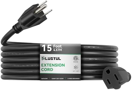 PLUGTUL Outdoor Extension Cord 15 FT | 16/3 Gauge Black Heavy Duty 3 Prong Extension Cord, 13A 1625W SJTW, ETL Listed, Great for Garden and Home by PLUGTUL