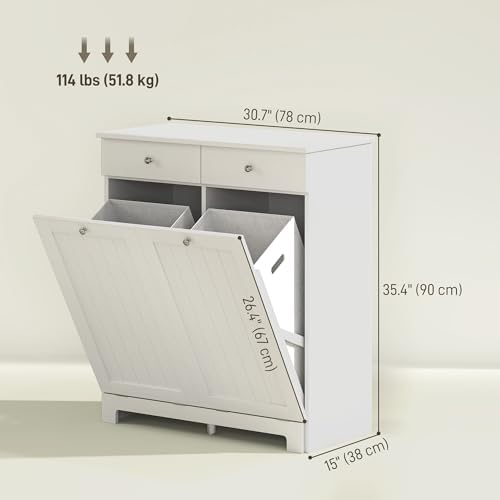 HOMCOM Laundry Cabinet with 2 Removable Baskets, Tilt Out Hamper, White - Image 3