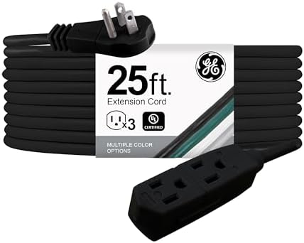 GE 3-Outlet Flat Extension Cord 25 Ft Grounded Extension Cord with Multiple Outlets 3 Prong Outlet Extender Flat Plug Power Strip Indoor Extension Cord 16 Gauge UL Listed Black 69921 by Unknown