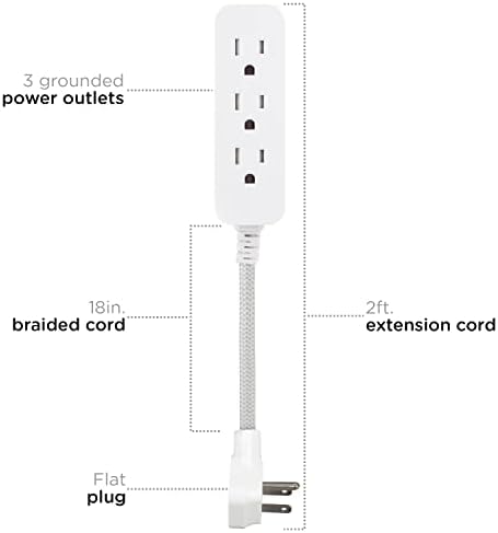 Cordinate Designer Mini 3-Outlet Power Strip, 18 in Braided Extension Cord, Grounded Adapter, Low-Profile Flat Plug, ETL Listed, White/Gray, 47297 (Pack of 12) - Image 2