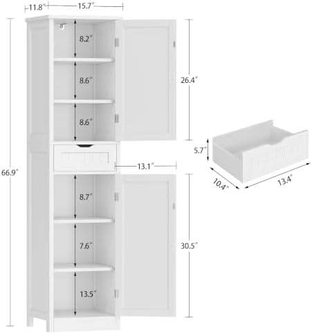 TEENFON 66.9" H Tall Bathroom Cabinet with 2 Doors & 1 Drawer, Narrow Bathroom Storage Cabinet with Adjustable Shelves, for Living Room, Entryway, Kitchen, White - Image 3