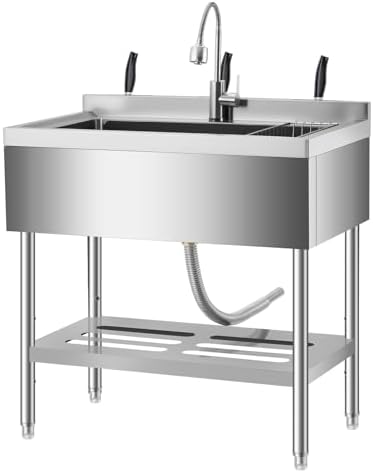 GarveeTech 35 in Freestanding Stainless Steel Utility Sink with Pull-Out Faucet, Adjustable Height Laundry Tub with Hot & Cold Water, Basket, Shelf & Drain Kit for Kitchen, Garage, Outdoor, Basement by GarveeTech