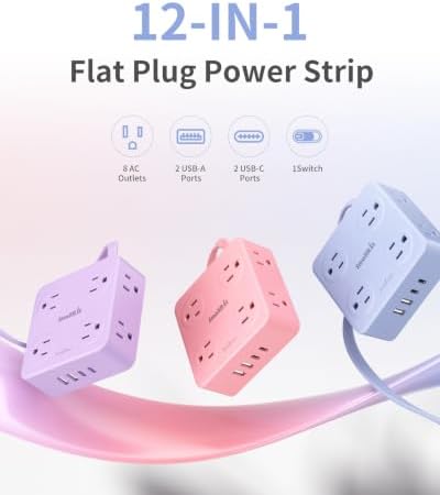 Extension Cord with Multiple Outlets, SMALLRT Outlet Extender, 6.5FT Flat Plug Power Strip with USB Ports, 8 Outlets, Power Strips for Home Office Supplies, Blue - Image 3