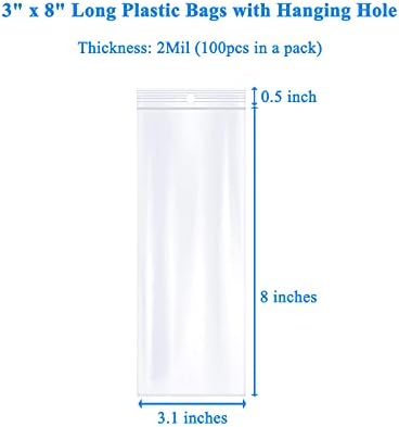 3" x 8" Long Plastic Bags with Hang Hole, 100 PCS, Clear Zipper Bag - Image 2
