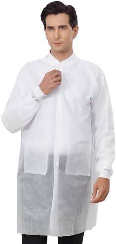 Greenour Disposable Lab Coats 10-Pack White 3 Pockets Knitted Cuffs S-2XL - Image 3