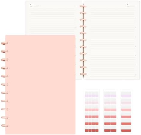 Discbound Notebook, 8-Disc Disbound Planner with Removable Pages, 180 Pages Spiral Notebook, Poly Cover Discbound Planner for Work, Travel, Note Taking(With Index Sticker),Pink,A4 by Mosabear
