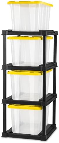 Sterilite 4-Tier Tote Rack & 4-Pack 27 Gallon Storage Box, Shelf and Tote Organizers - Plastic Shelving Unit and Container Bins for Bathroom, Garage, Pantry, Bookshelf, and Bedroom Organization by Sterilite