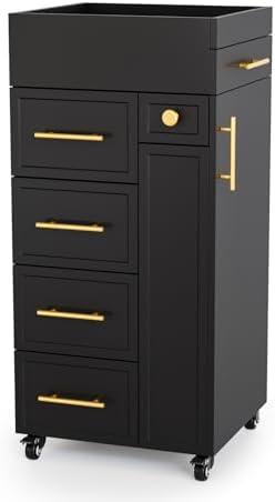 OmySalon Salon Trolley Cart, Hair Styling Station with 5 Drawers, 3 Tool Holders & Adjustable Shelf, Mobile Storage Cabinet Utility Trolley for Barber, Beauty Spa, Home (Black) by OmySalon