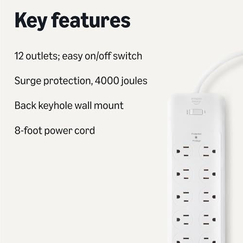 Amazon Basics 12-Outlet Surge Protector Power Strip, 4000 Joules, 8ft Extension Cord, Rectangle, for Home, Office, Gaming Room, White - Image 2