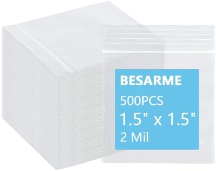 500 Pcs 1.5 x 1.5 Inch Clear Mini Zip Bags, 2 Mil Resealable Plastic by BESARME