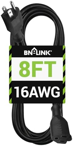 BN-LINK 8 ft Indoor/Outdoor Extension Cord 16/3 SJTW, Black, Water & Weather Resistant, 3-Prong Grounded Plug for Landscaping & Holiday Decorations, Home & Office, 13A ETL by BN-LINK