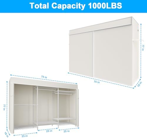 Ulif E13C Pro Heavy Duty Closet Organizer System，Freestanding Clothing Racks for Hanging Clothes，Adjustable Garment Rack 75" W x16 D x77 H Hold 1000lbs，White Rack with White Dustproof Cover - Image 2