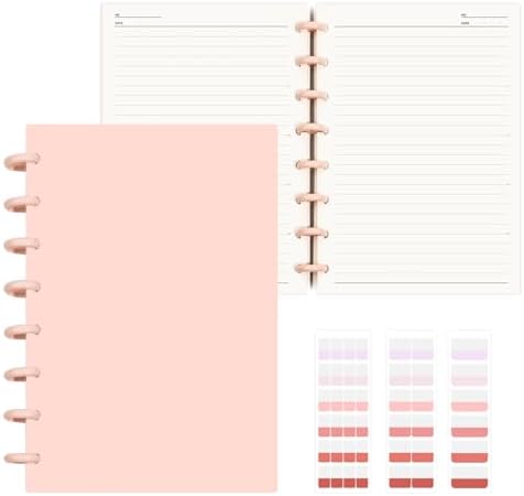 Discbound Notebook, 8-Disc Disbound Planner with Removable Pages, 180 Pages Spiral Notebook, Poly Cover Discbound Planner for Work, Travel, Note Taking(With Index Sticker),Pink,A5 by Mosabear