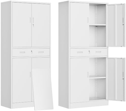 CJF 71" H Tall Metal Storage Cabinet with Drawer, Locking Garage Cabinet with 2 Adjustable Shelves, Heavy-Duty Tool File Storage Cabinets for Home Office, Kitchen, Warehouse, Shop (White) by CJF