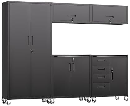 Garage Storage Cabinets System 5 PCS Workshop Set with Drawers Locking Heavy Duty Rolling Cart with Adjustable Shelves Garage Tool Workbench Cabinets (5 PCS-1, Black) by FLIXELIO